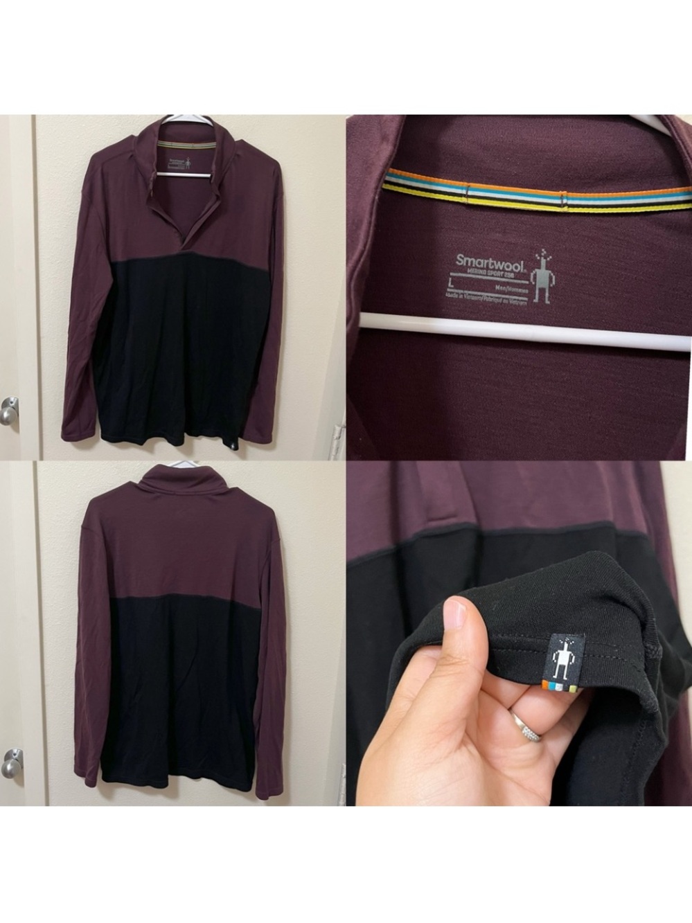 •SMARTWOOL• Mens Quarter 1/4 Zip Color Block Wool Blend Layering Long Sleeve Top
